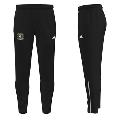 Black Adidas track pants with a logo on the left leg, featuring side pockets and an elastic waistband with drawcord.