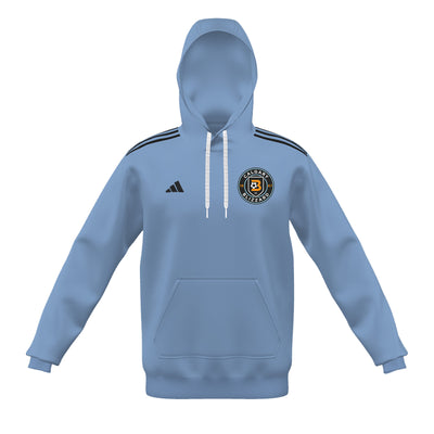 A light blue Adidas hoodie with hood up, featuring a kangaroo pocket and drawstrings. The Adidas logo and the Calgary Blizzard SC badge are visible on the front.