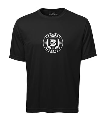 A black crew neck t-shirt with the 'Calgary Blizzard' logo and the 'ATC' initials below it, on a white background.