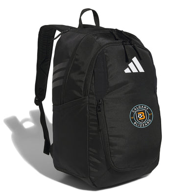 Black adidas Calgary Blizzard SC backpack with multiple zip pockets and the team logo on the front.