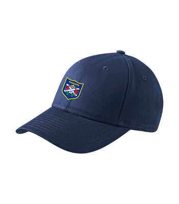 A navy blue New Era adjustable structured cap with a six-panel design and a direct embroidered club logo on the front.