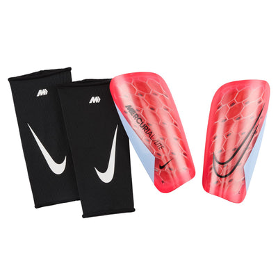Black shin guards and red soccer cleats with Nike logo on a white background. Nike Mercurial Lite Soccer Shin Guards