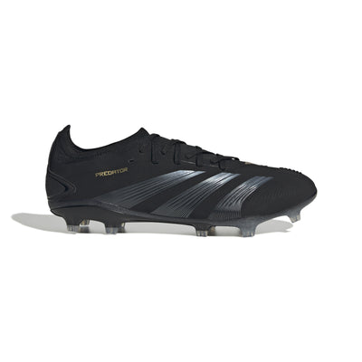 Adidas Predator Pro Firm Ground Soccer Cleats in black color with gold and carbon accents.