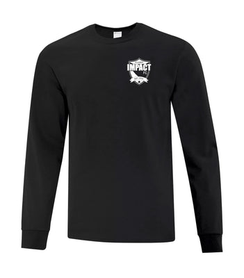 A black long sleeve football shirt with a small logo on the chest.