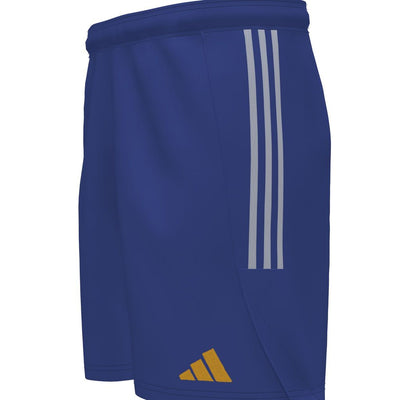 A pair of Adidas soccer shorts in blue, gray, and gold colors.