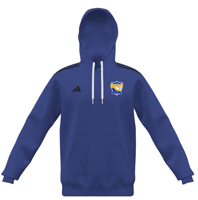 A blue hooded sweatshirt with a graphic logo on the front and the Adidas logo on the left chest.