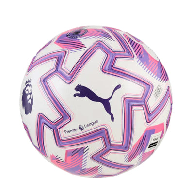 Soccer ball with Premier League and Puma logos on a white background. Puma Orbita Pro PL Soccer Ball