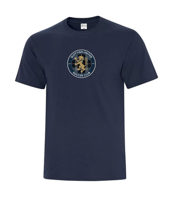 Navy blue t-shirt with a Scottish United Soccer Club logo on a white background