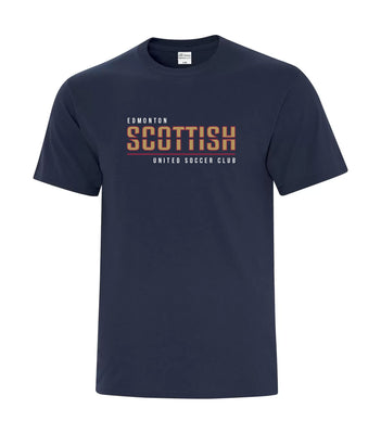 Navy blue t-shirt with 'Edmonton Scottish United Soccer Club' text on a white background
