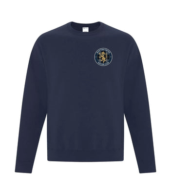 Navy blue sweatshirt with a logo on the chest against a white background