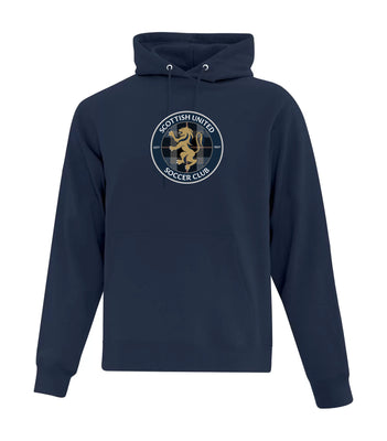Navy blue hoodie with Scottish United Soccer Club logo on a white background