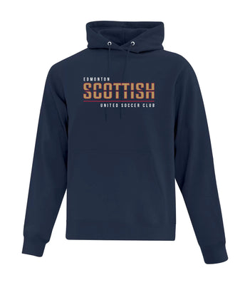 Navy hoodie with 'Edmonton Scottish United Soccer Club' text on a white background