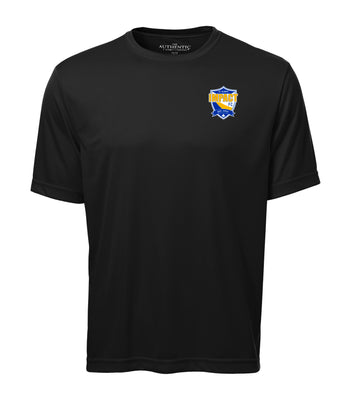 Black polyester training tee. Lightweight and breathable with a DTF left chest logo