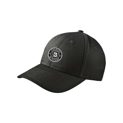 Black New Era adjustable structured cap with embroidered logo on the front.
