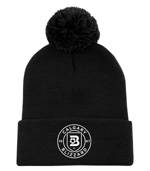 Black beanie with a pom-pom on top, featuring an embroidered logo of the Calgary Blizzard on the folding cuff.