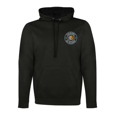 Black hoodie with 3-panel hood and drawstring, featuring an embroidered club logo on the upper left.