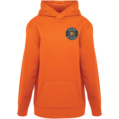 Orange hoodie with a 3-panel hood, matching drawstring, and a club logo embroidered on the chest.