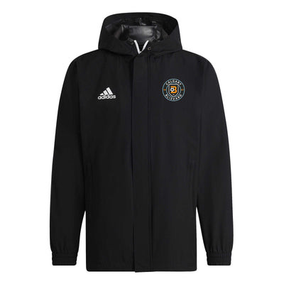 Black Adidas Entrada 22 full zip rain jacket with hood, featuring an embroidered logo on the front.