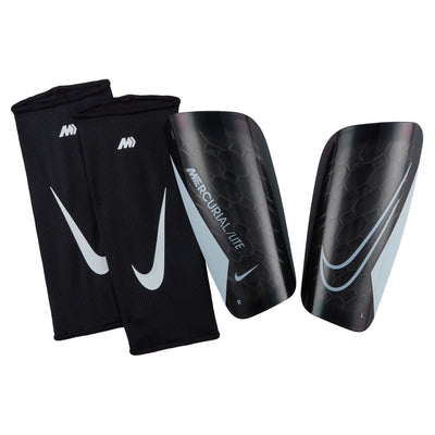 A pair of black Nike Mercurial Lite soccer shin guards with white detailing.
Nike Mercurial Lite Soccer Shin Guards - Black