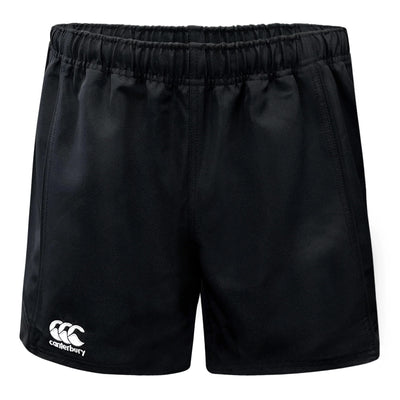 Black Canterbury Advantage Rugby Short with drawstring waistband and embroidered logo on the bottom of the front right leg.