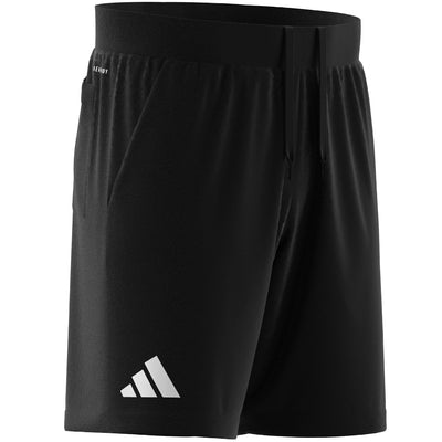 Black Adidas referee shorts with white logo on the left leg and elastic waistband.