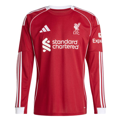 Red sports jersey with white accents and logos on a white background. Liverpool FC 25/26 Adidas Home Jersey Long sleeve