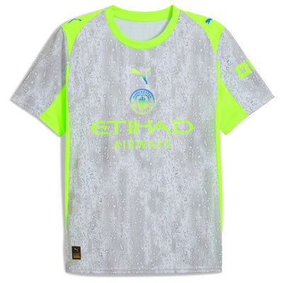 Gray sports jersey with green accents and visible branding on a white Manchbackground ester City 25/25 Puma Third Jersey