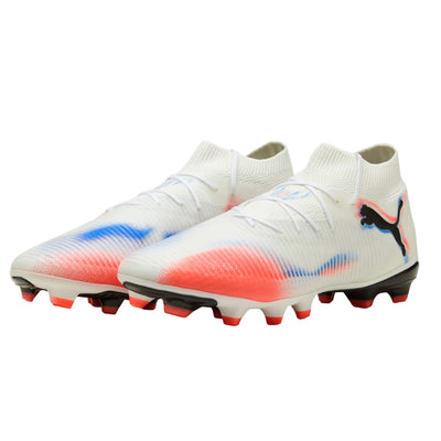 White soccer cleats with colorful soles on a white background