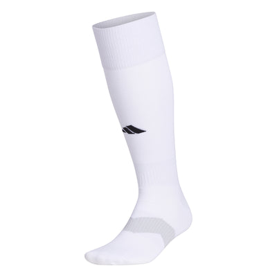 A white soccer sock with black accents and the Adidas logo visible on the side.
