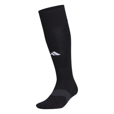 A pair of black adidas soccer socks with white stripes, over-the-calf length.